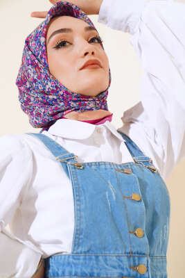 Çiçek Desen Elegance Eşarp Mor - Thumbnail