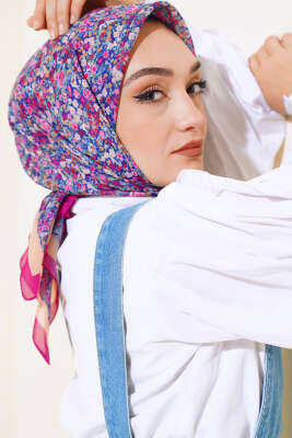 Çiçek Desen Elegance Eşarp Mor - Thumbnail