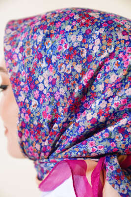 Çiçek Desen Elegance Eşarp Mor - Thumbnail