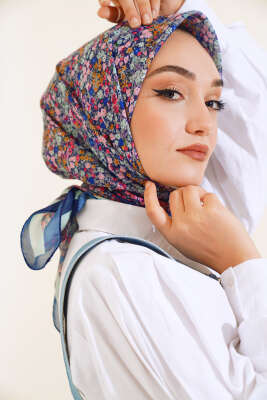 Çiçek Desen Elegance Eşarp Lacivert - Thumbnail