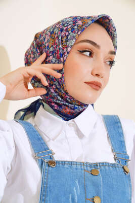 Çiçek Desen Elegance Eşarp Lacivert - Thumbnail