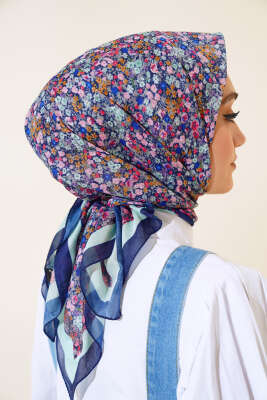 Çiçek Desen Elegance Eşarp Lacivert - Thumbnail