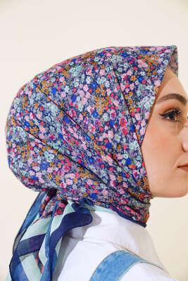 Çiçek Desen Elegance Eşarp Lacivert - Thumbnail