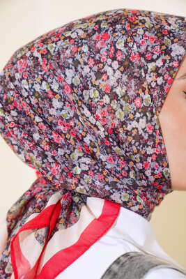 Çiçek Desen Elegance Eşarp Kırmızı - Thumbnail