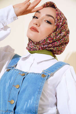 Çiçek Desen Elegance Eşarp Kına Yeşili - Thumbnail