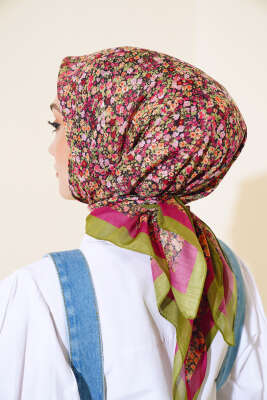 Çiçek Desen Elegance Eşarp Kına Yeşili - Thumbnail