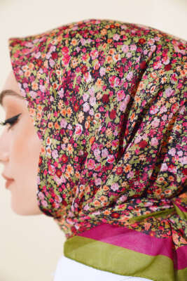 Çiçek Desen Elegance Eşarp Kına Yeşili - Thumbnail