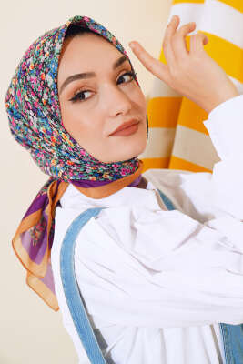 Çiçek Desen Elegance Eşarp Hardal - Thumbnail