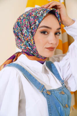 Çiçek Desen Elegance Eşarp Hardal - Thumbnail
