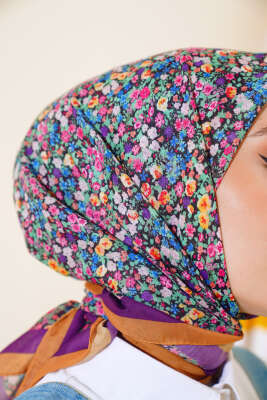 Çiçek Desen Elegance Eşarp Hardal - Thumbnail