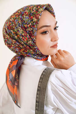 Çiçek Desen Elegance Eşarp Füme - Thumbnail