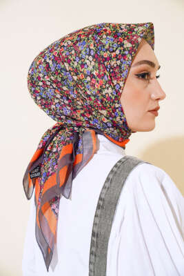 Çiçek Desen Elegance Eşarp Füme - Thumbnail