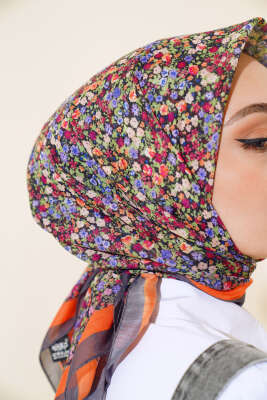 Çiçek Desen Elegance Eşarp Füme - Thumbnail