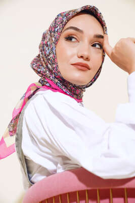 Çiçek Desen Elegance Eşarp Fuşya - Thumbnail