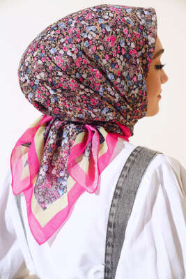 Çiçek Desen Elegance Eşarp Fuşya - Thumbnail