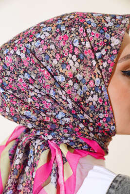 Çiçek Desen Elegance Eşarp Fuşya - Thumbnail