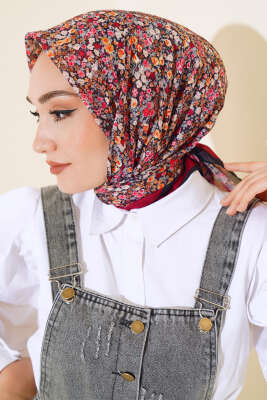 Çiçek Desen Elegance Eşarp Bordo - Thumbnail