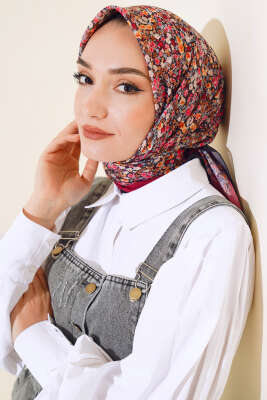 Çiçek Desen Elegance Eşarp Bordo - Thumbnail