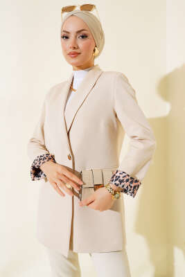 Astarı Leoparlı Kruvaze Ceket Bej - Thumbnail