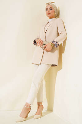 Astarı Leoparlı Kruvaze Ceket Bej - Thumbnail