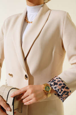 Astarı Leoparlı Kruvaze Ceket Bej - Thumbnail