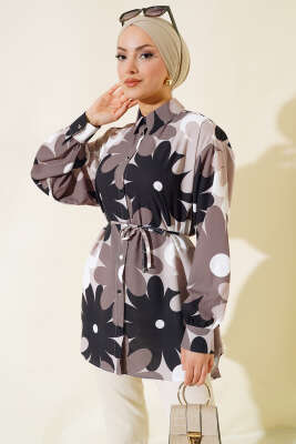 Pazarium - Çiçek Desenli Salaş Gömlek Vizon