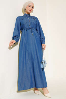 Yarım Metal Düğmeli Kot Elbise Kot - Thumbnail