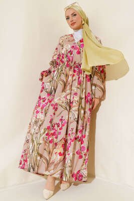 Pazarium - Yarasa Kol Çiçek Desenli Elbise Bej