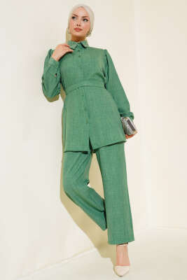 Pazarium - Yaka ve Manşet Taş Detaylı Keten İkili Takım Yeşil