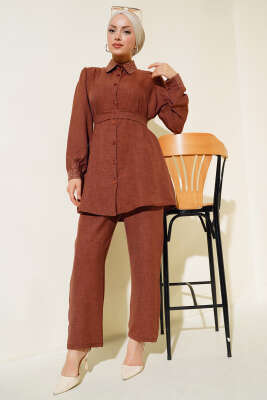 Pazarium - Yaka ve Manşet Taş Detaylı Keten İkili Takım Kahve