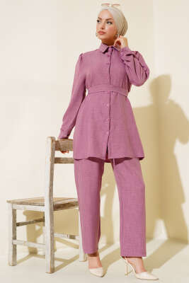 Pazarium - Yaka ve Manşet Taş Detaylı Keten İkili Takım Gül Kurusu