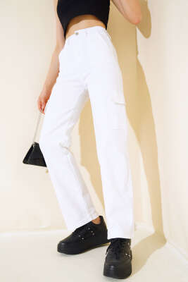 Pazarium - Cepli Kargo Pantolon Beyaz