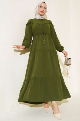 Önü Yarım Düğmeli Kat Kat Elbise Haki - Thumbnail