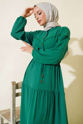 Pazarium - Önü Yarım Düğmeli Kat Kat Elbise Yeşil