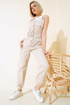 Pazarium - Kargo Cepli Askılı Tulum Bej