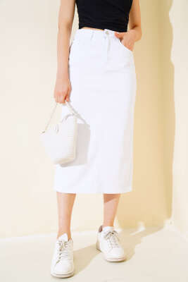 Arkası Yırtmaçlı Kot Etek Beyaz - Thumbnail