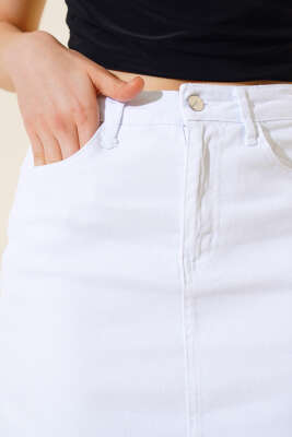 Arkası Yırtmaçlı Kot Etek Beyaz - Thumbnail