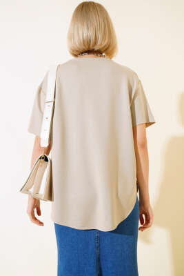 Oval Kesim T-shirt Bej - Thumbnail