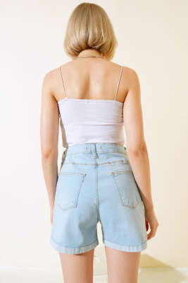 Duble Paça Kot Şort Buz Mavisi - Thumbnail
