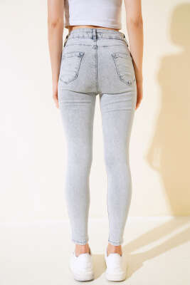 Dar Paça Yüksek Bel Kot Pantolon Gri Kar - Thumbnail