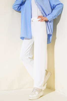 Ayrobin Bel Lastikli Pantolon Ekru - Thumbnail