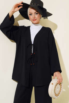 Bağcık Detaylı Kimono İkili Takım Siyah - Thumbnail