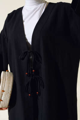 Bağcık Detaylı Kimono İkili Takım Siyah - Thumbnail
