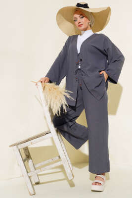 Bağcık Detaylı Kimono İkili Takım Füme - Thumbnail