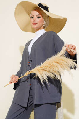 Bağcık Detaylı Kimono İkili Takım Füme - Thumbnail