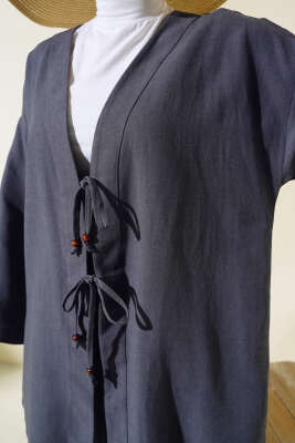 Bağcık Detaylı Kimono İkili Takım Füme - Thumbnail