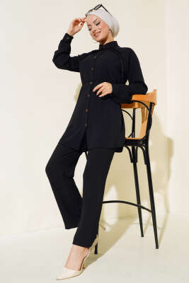 Pazarium - Önü Püskül Detaylı İkili Takım Siyah