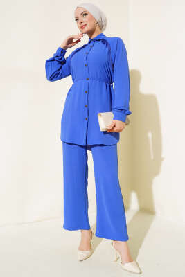 Pazarium - Önü Püskül Detaylı İkili Takım Mavi