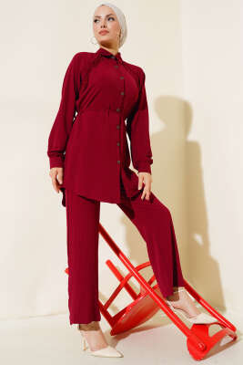 Pazarium - Önü Püskül Detaylı İkili Takım Bordo