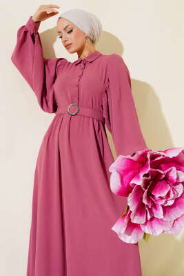 Pazarium - Balon Kol Gömlek Yaka Elbise Gül Kurusu